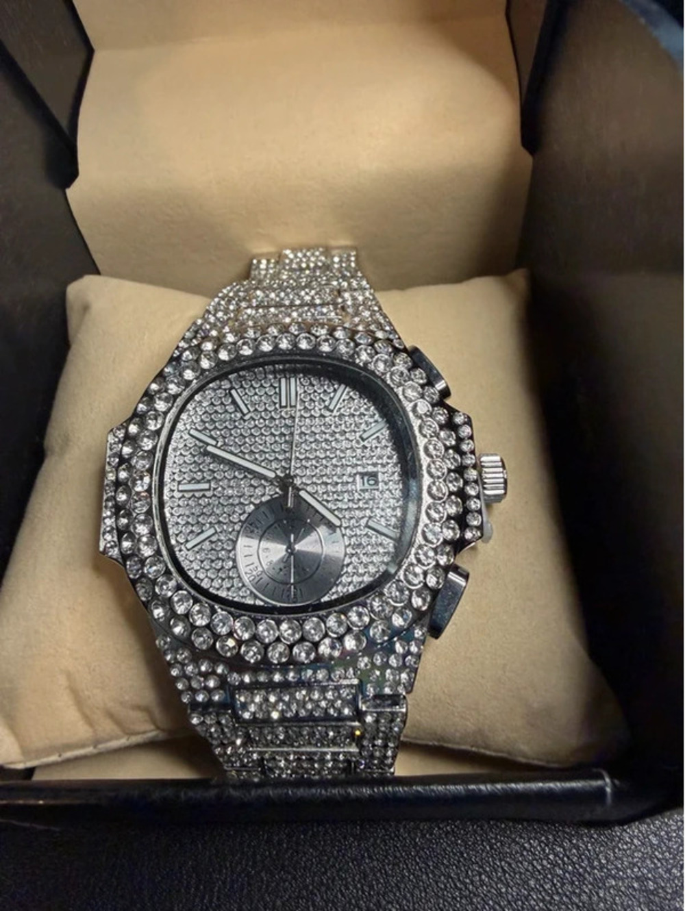 #599  Silver-Tone Iced Out Bling Chandelier Watch with Date & Subdial